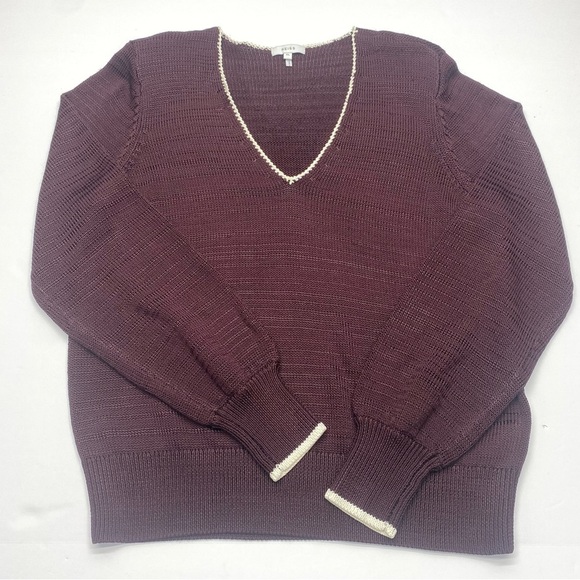 Reiss Women’s Burgundy V-Neck Sweater with white trim XL shoulder pads - Picture 1 of 15